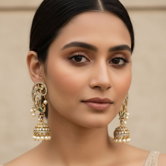 Elegant Vintage Gold Jhumka Earrings with Pearl and Gemstone Accents