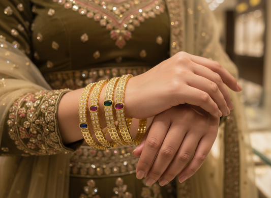 Regal Gold Bangles with Round and Colored Stones - Premium Indian Ethnic Jewellery