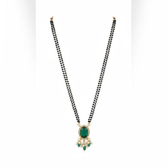 Elegant Double-Strand Black Bead Mangalsutra with Green Pendant