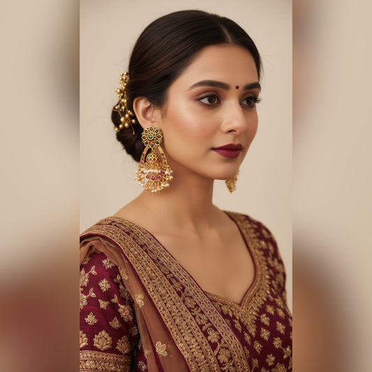 Ornate Traditional Indian Gold Jhumka Earrings with Pink and Green Accents