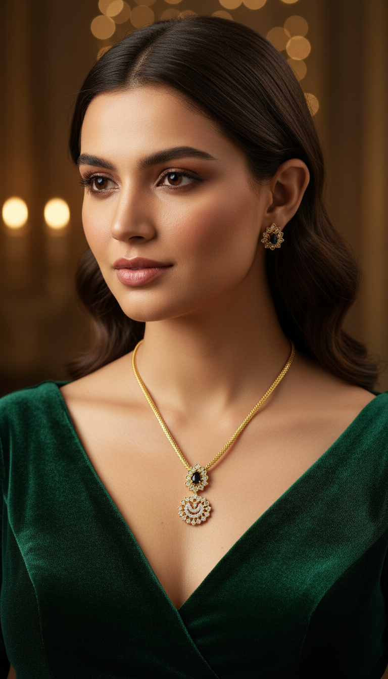 Elegant Gold Necklace Set with Black Stones and Diamonds