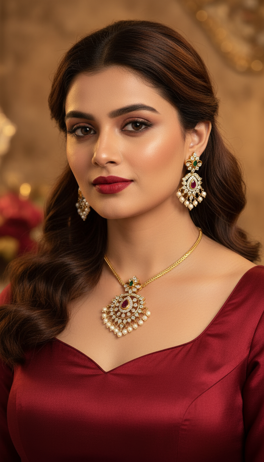 Designer Ruby, Pearl & Diamond Drop Necklace Set