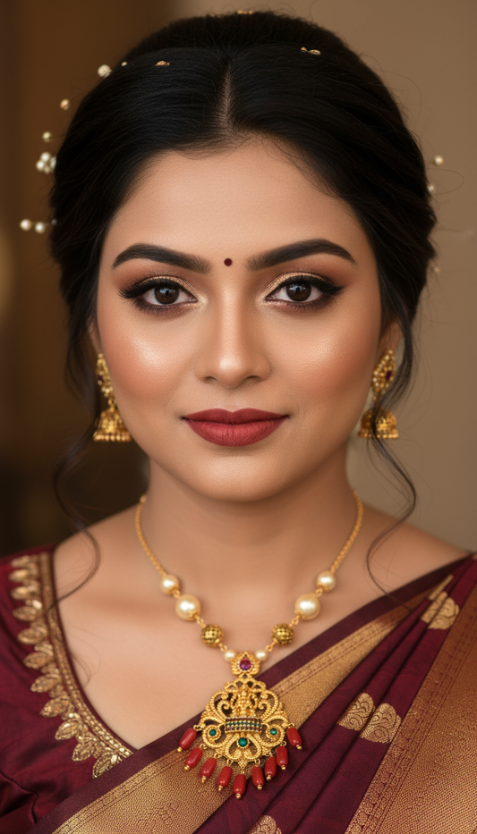 Designer Ruby, Pearl & Diamond Temple Necklace Set