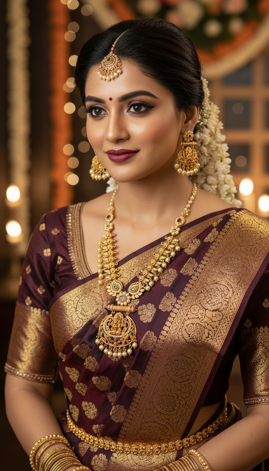 Exquisite Gold Temple Necklace Set with Lakshmi Motif and Pearls