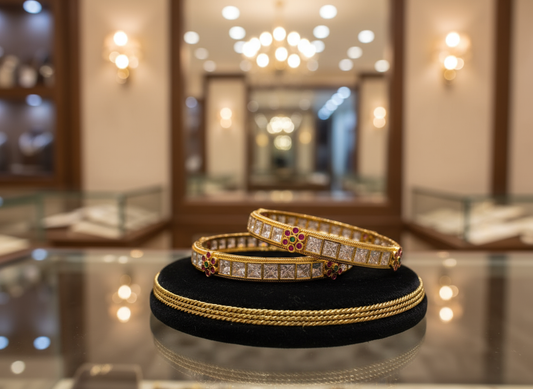 Exquisite Gold Bangles with Square White Stones and Floral Accents - Elegant Indian Ethnic Jewellery