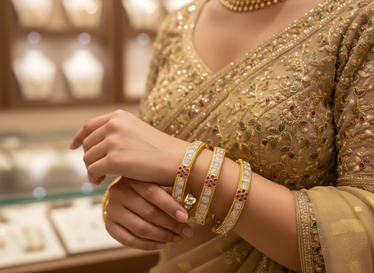 Exquisite Gold Bangles with Square White Stones and Floral Accents - Elegant Indian Ethnic Jewellery