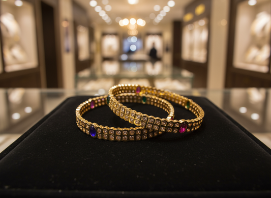 Regal Gold Bangles with Round and Colored Stones - Premium Indian Ethnic Jewellery