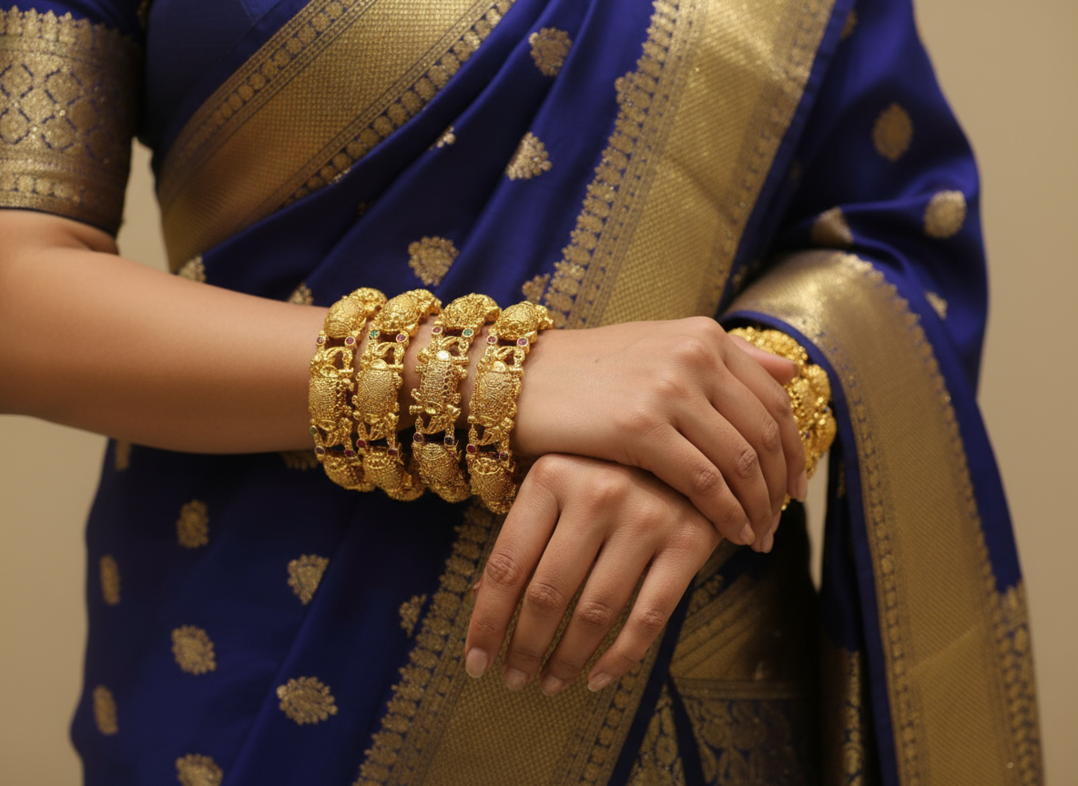 Ornate Gold Elephant Motif Bangles - Traditional Indian Bridal Jewellery
