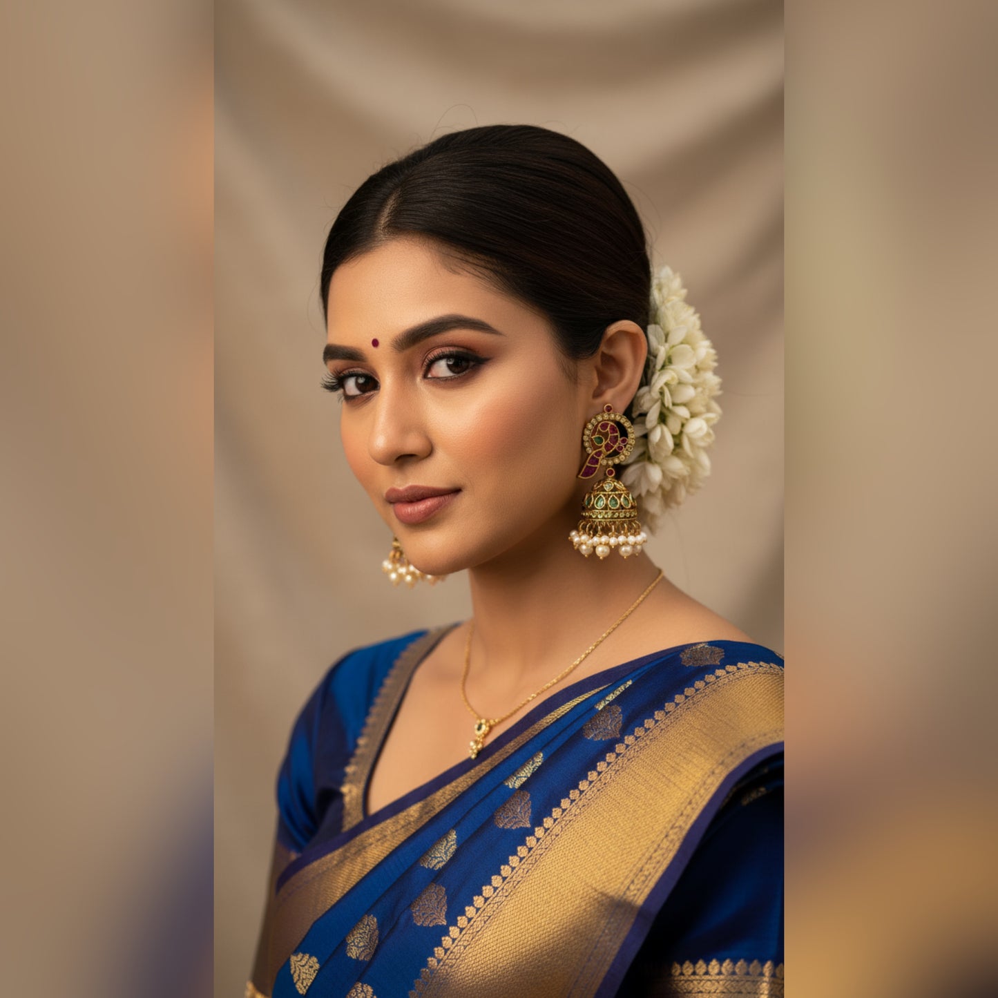 Traditional Indian Gold Jhumka Earrings with Pink and Green Enamel and Pearl Drops