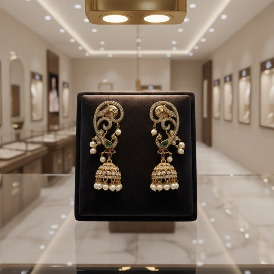 Elegant Vintage Gold Jhumka Earrings with Pearl and Gemstone Accents