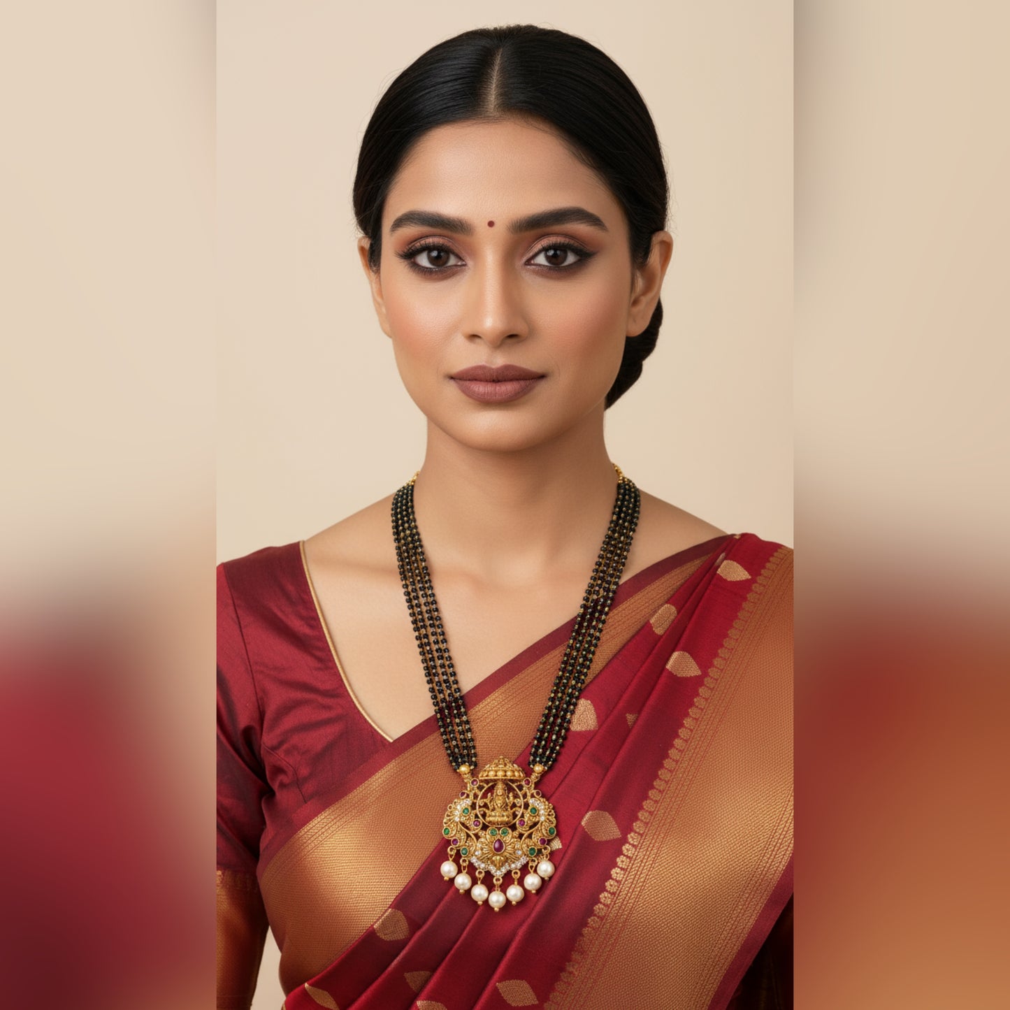 Traditional Gold-Plated Lakshmi Mangalsutra with Black Beads and Pearl Drops