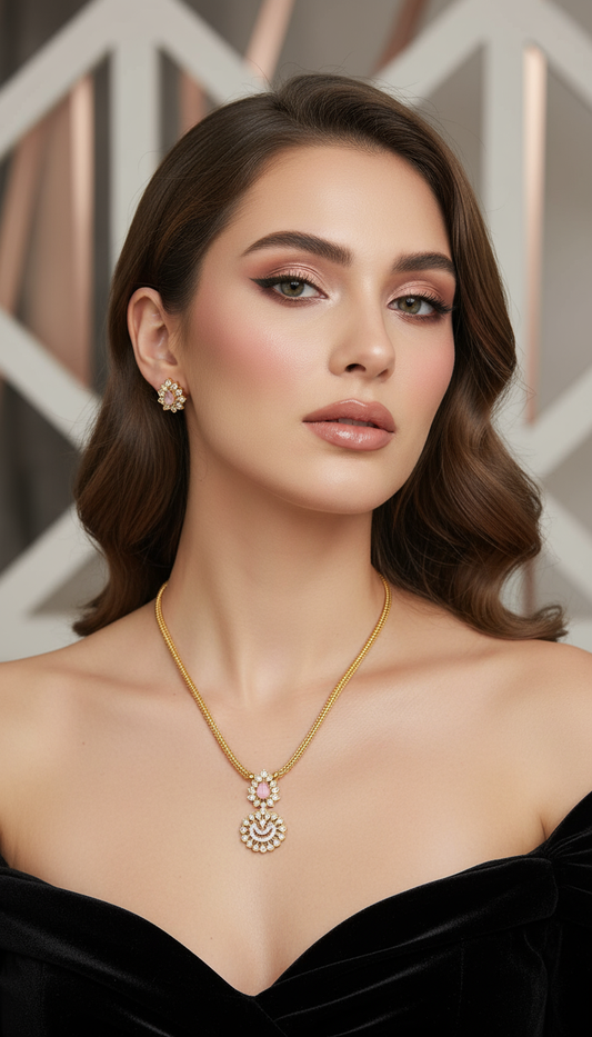 Elegant Gold Necklace Set with Rose Quartz and Diamond Accents