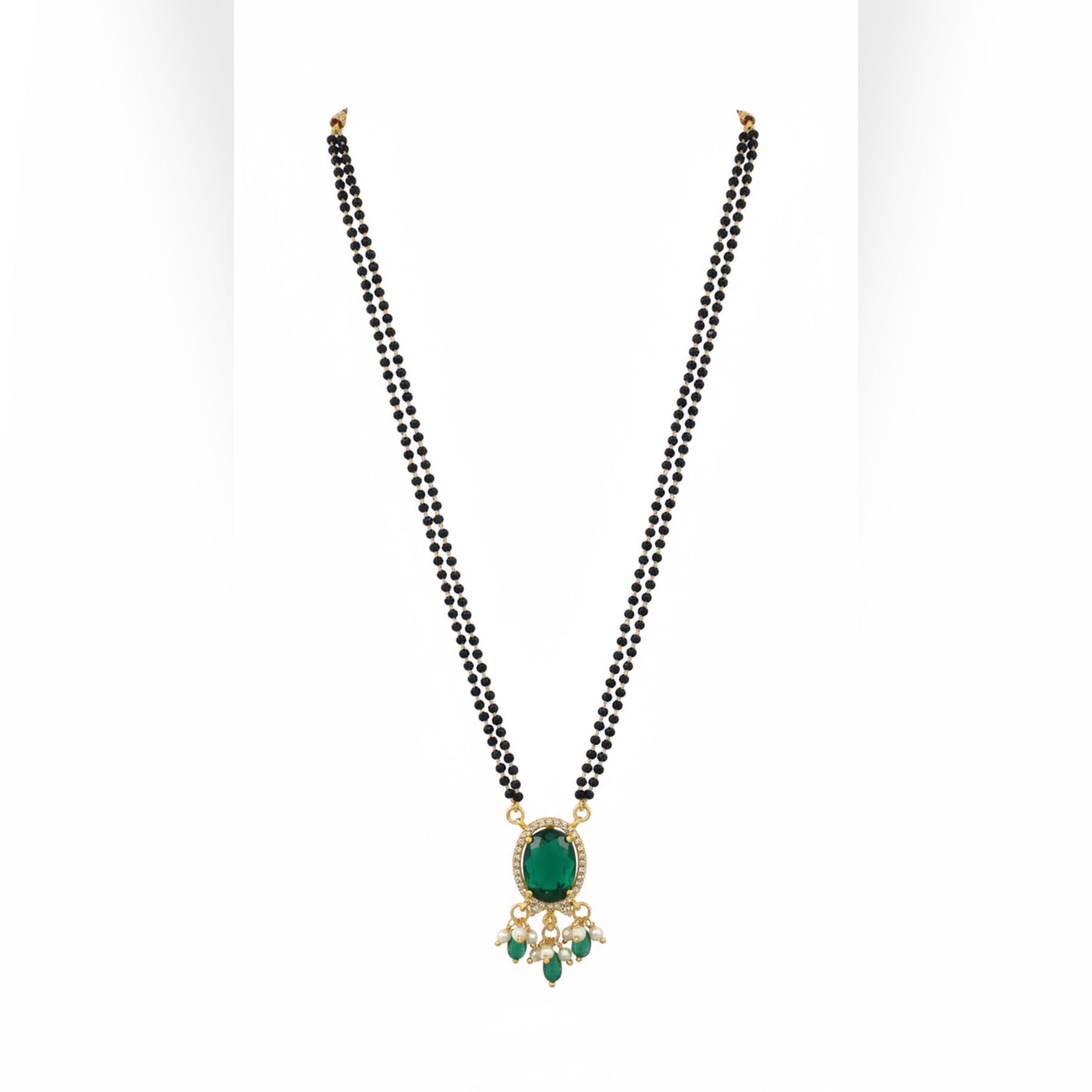 Elegant Double-Strand Black Bead Mangalsutra with Green Pendant