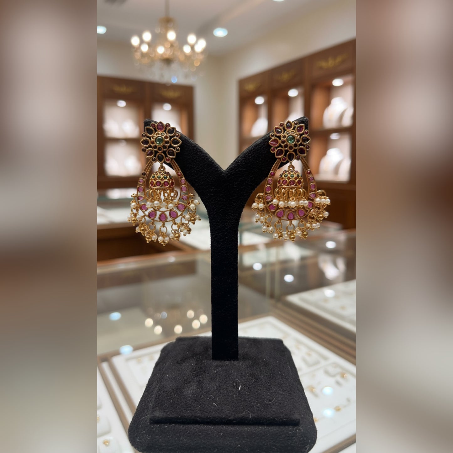 Ornate Traditional Indian Gold Jhumka Earrings with Pink and Green Accents