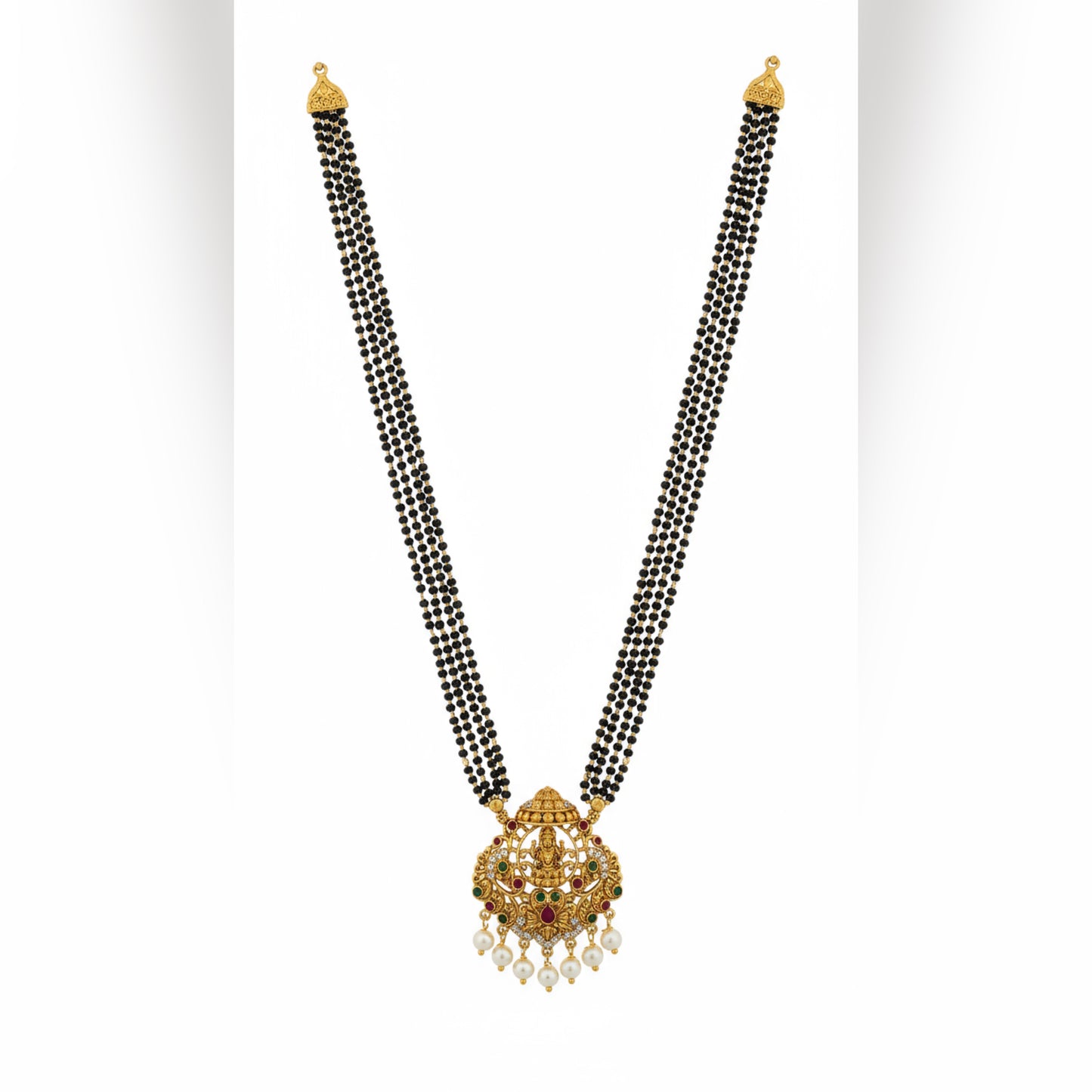 Traditional Gold-Plated Lakshmi Mangalsutra with Black Beads and Pearl Drops