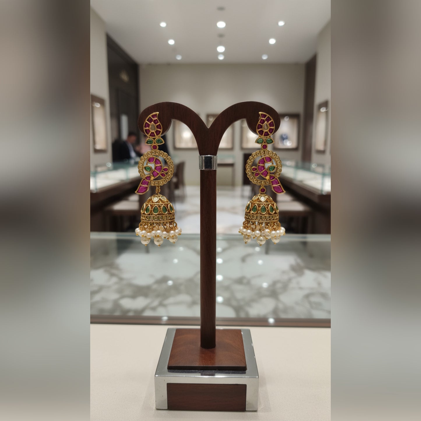 Traditional Indian Gold Jhumka Earrings with Pink and Green Enamel and Pearl Drops