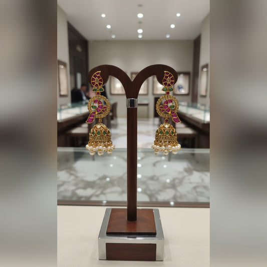 Traditional Indian Gold Jhumka Earrings with Pink and Green Enamel and Pearl Drops