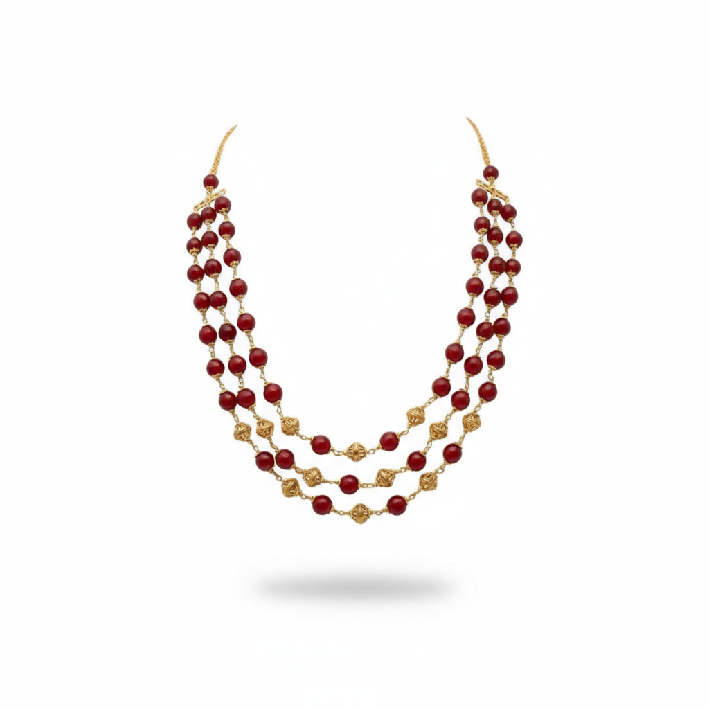 Three-Layer Red and Gold Bead Necklace