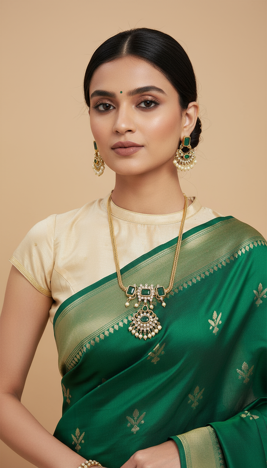 Elegant Small-Size Gold Necklace Set with Emerald Green Stones and Pearls