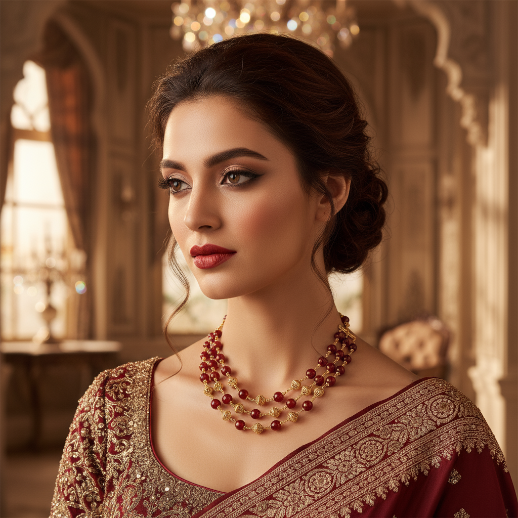 Three-Layer Red and Gold Bead Necklace