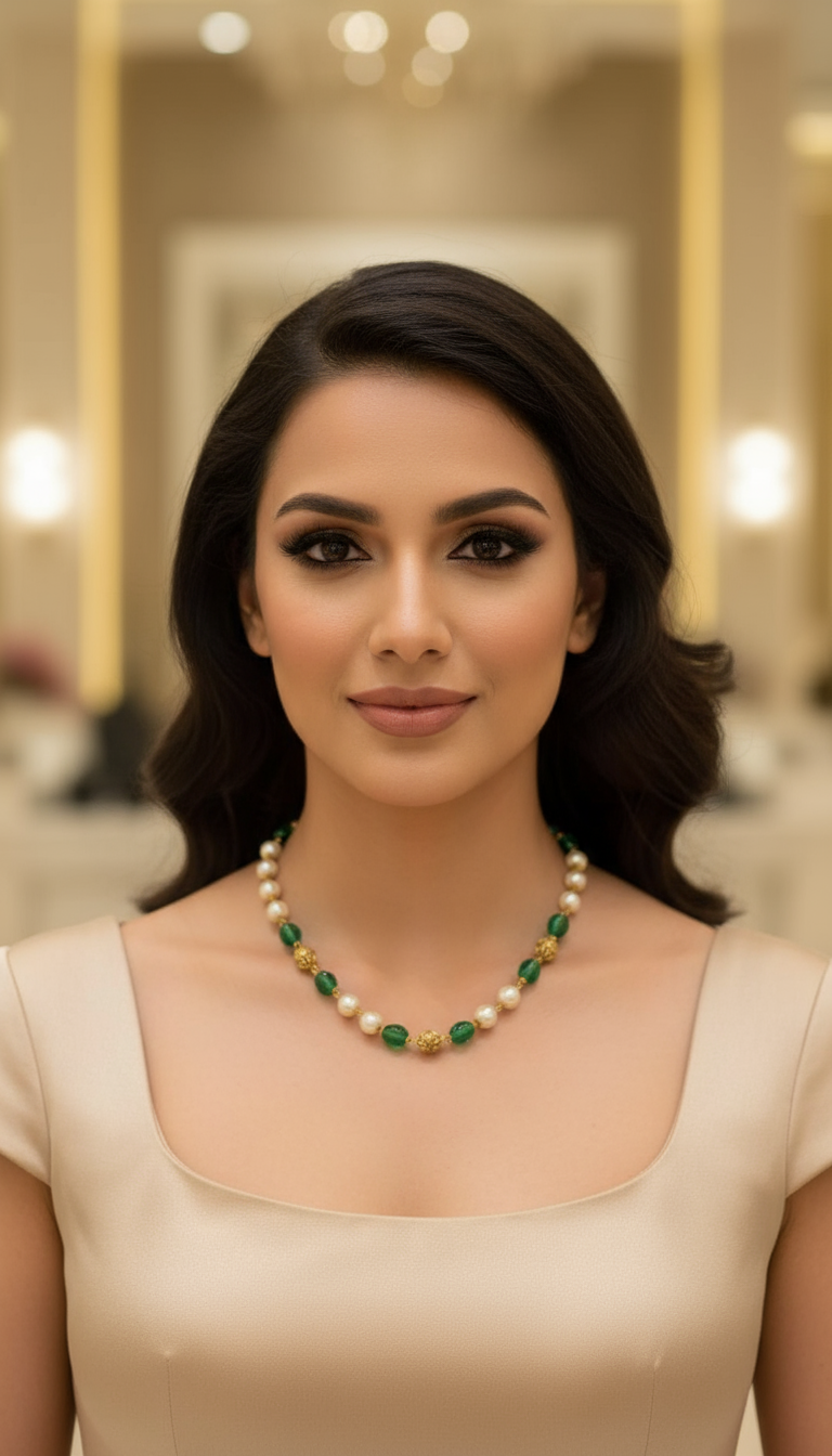 Royal Emerald Bead & Gold Pearl Designer Necklace