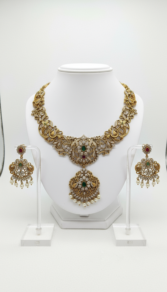 Exquisite Antique Gold Necklace Set with Ruby and Emerald Stones