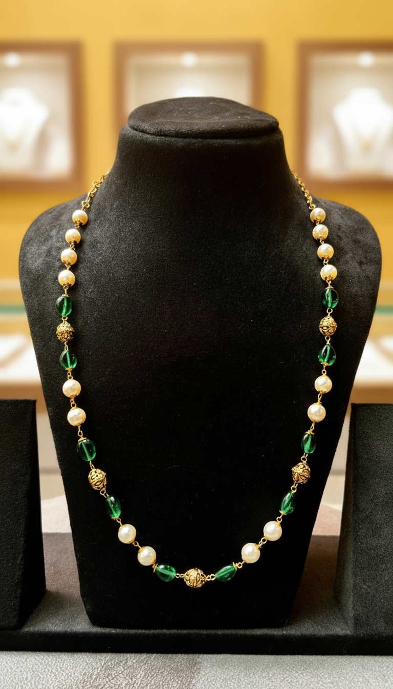 Royal Emerald Bead & Gold Pearl Designer Necklace