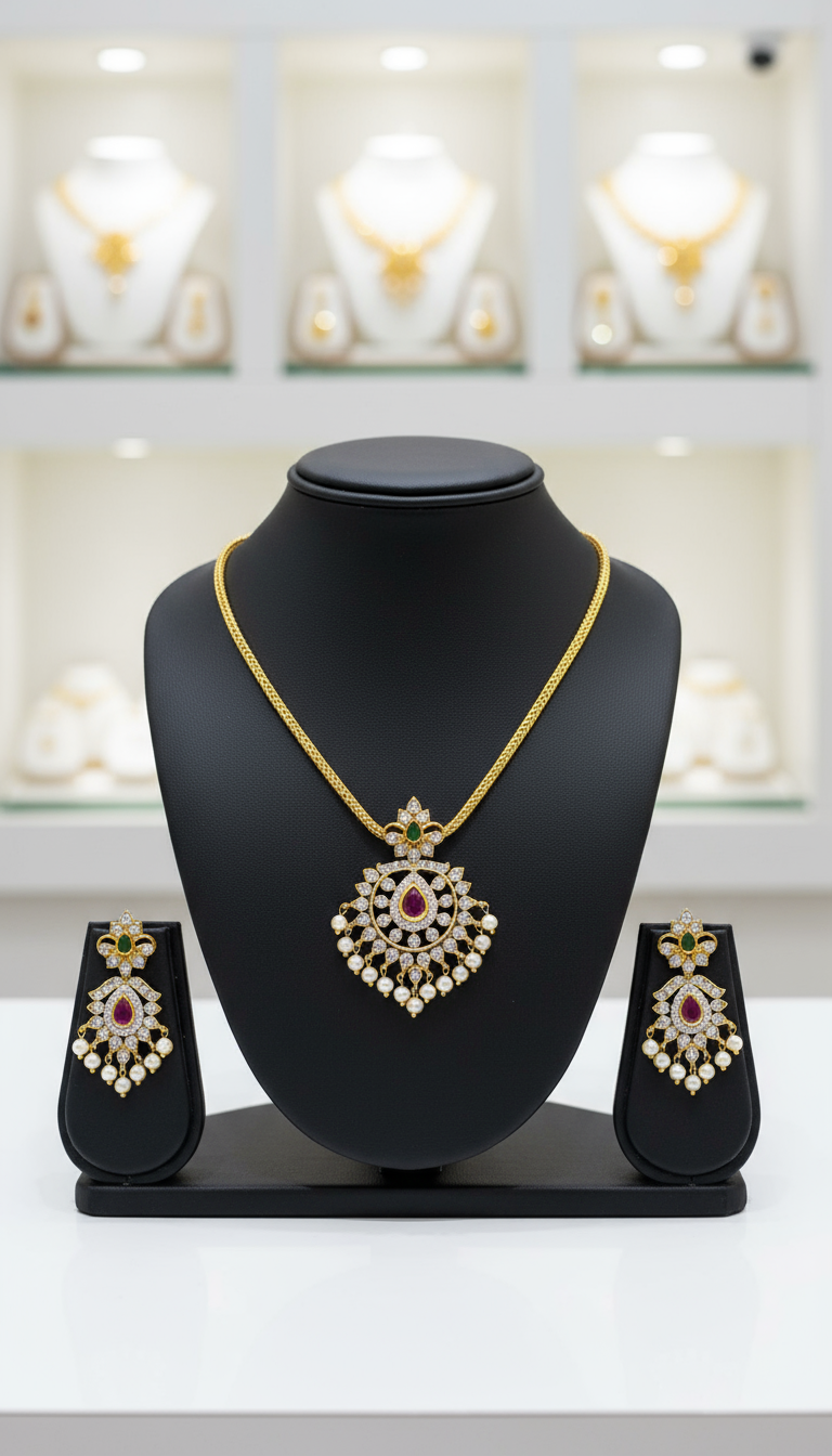 Designer Ruby, Pearl & Diamond Drop Necklace Set