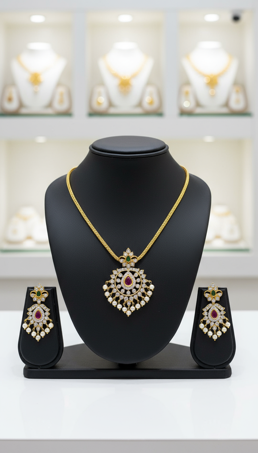 Designer Ruby, Pearl & Diamond Drop Necklace Set