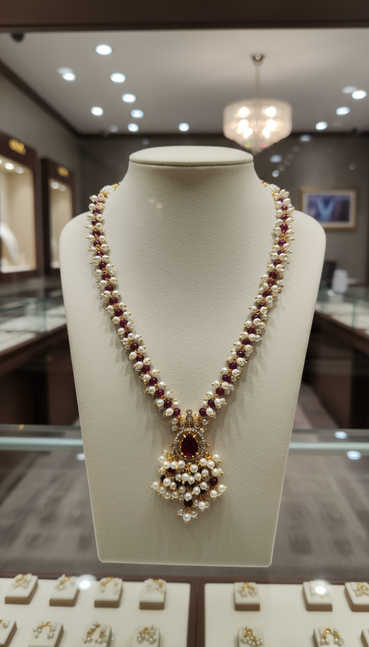 Heritage Pearl & Ruby Clustered Pendant Necklace