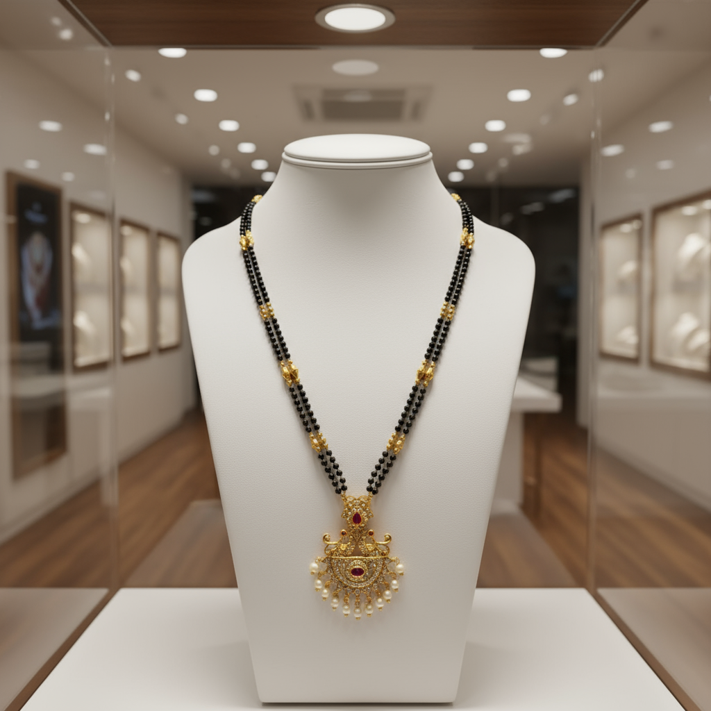Traditional Gold-Plated Double-Strand Mangalsutra with Antique Pendant