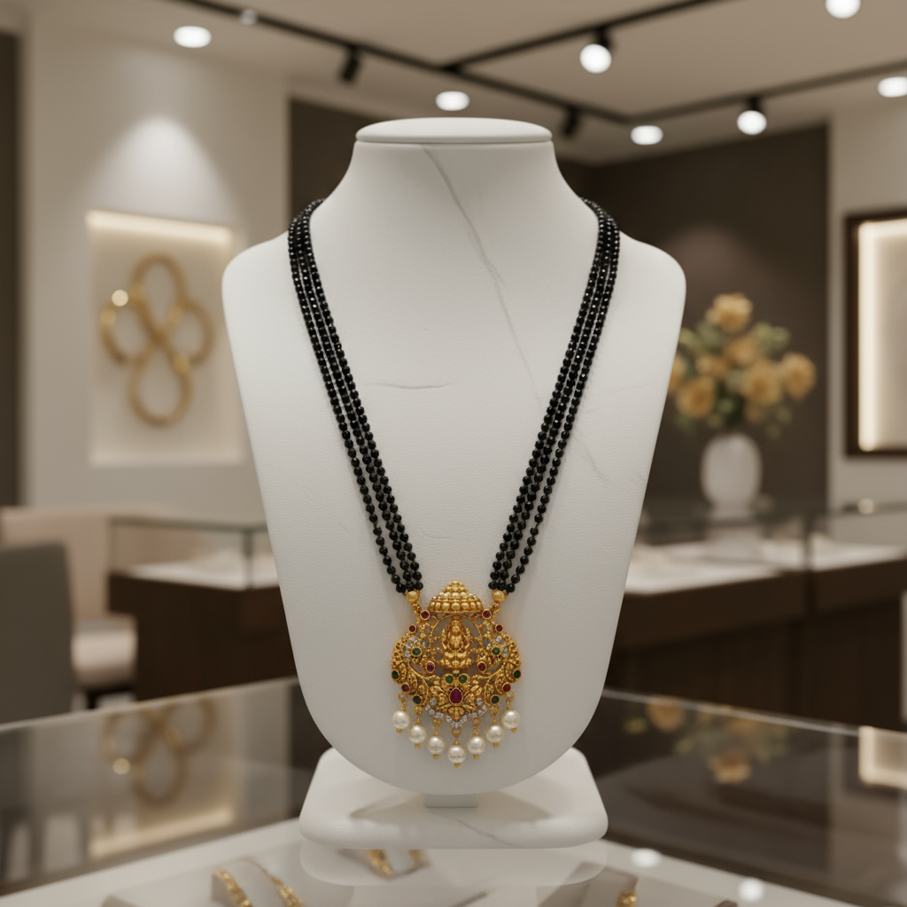 Traditional Gold-Plated Lakshmi Mangalsutra with Black Beads and Pearl Drops