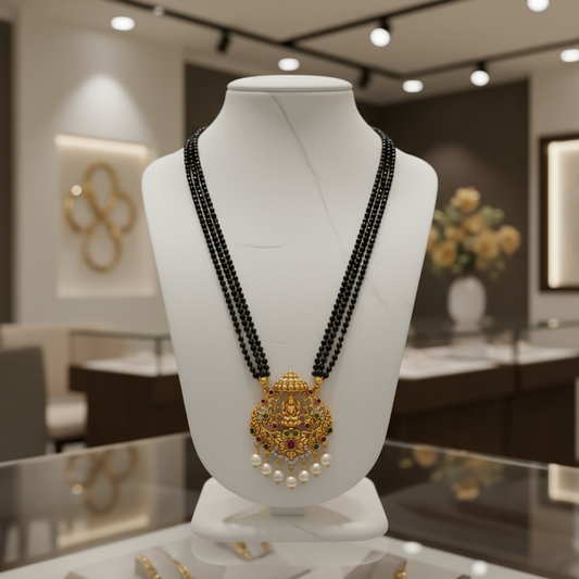 Traditional Gold-Plated Lakshmi Mangalsutra with Black Beads and Pearl Drops