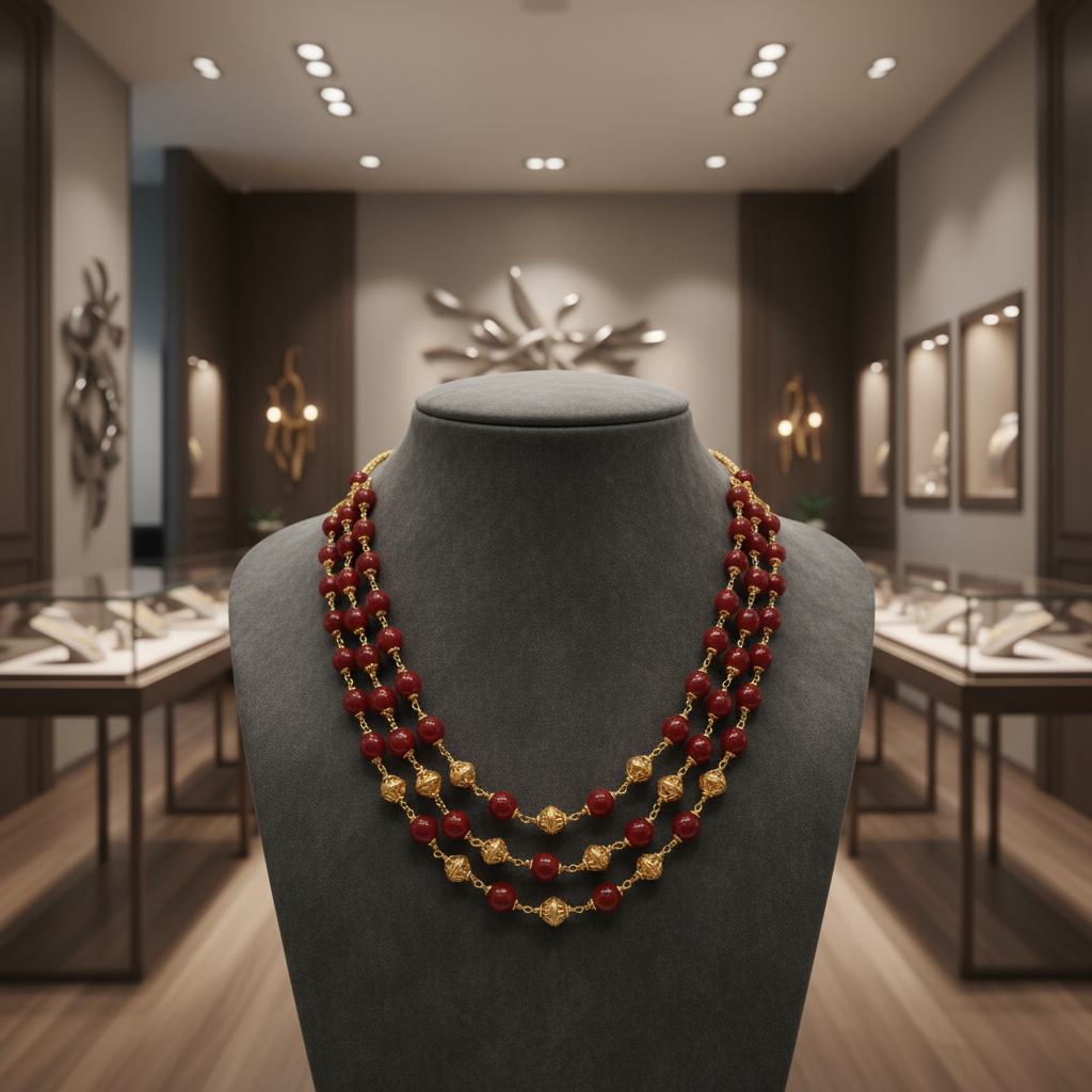 Three-Layer Red and Gold Bead Necklace