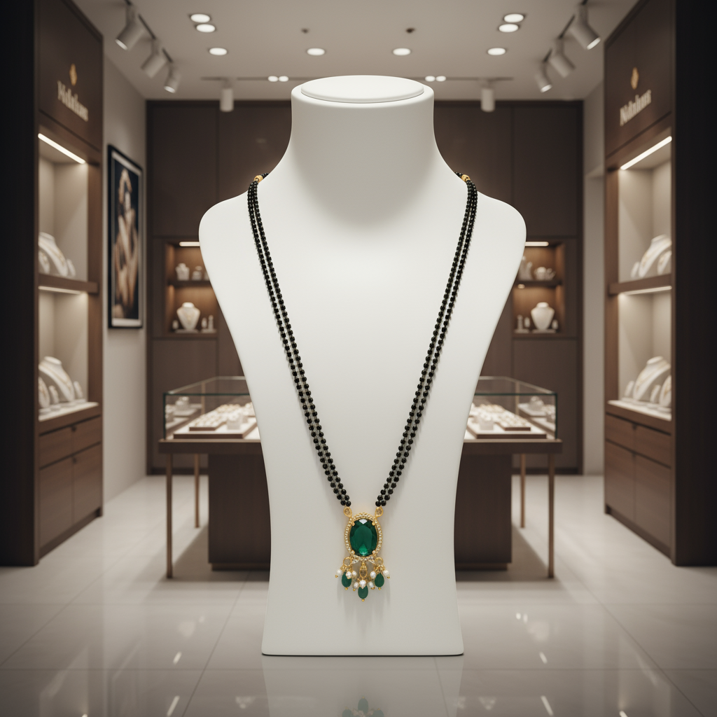 Elegant Double-Strand Black Bead Mangalsutra with Green Pendant