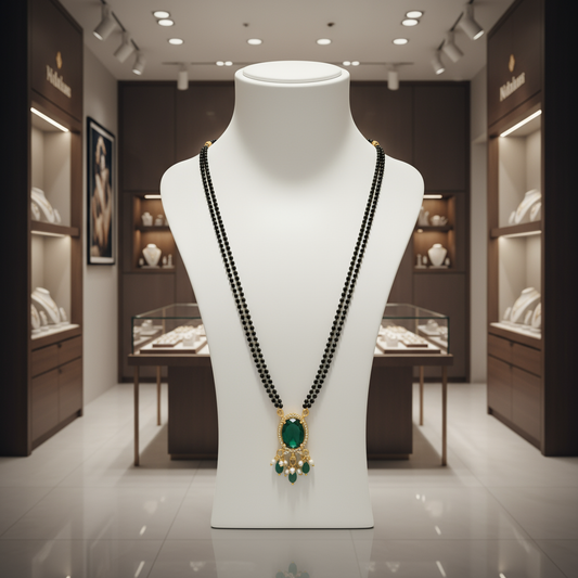 Elegant Double-Strand Black Bead Mangalsutra with Green Pendant