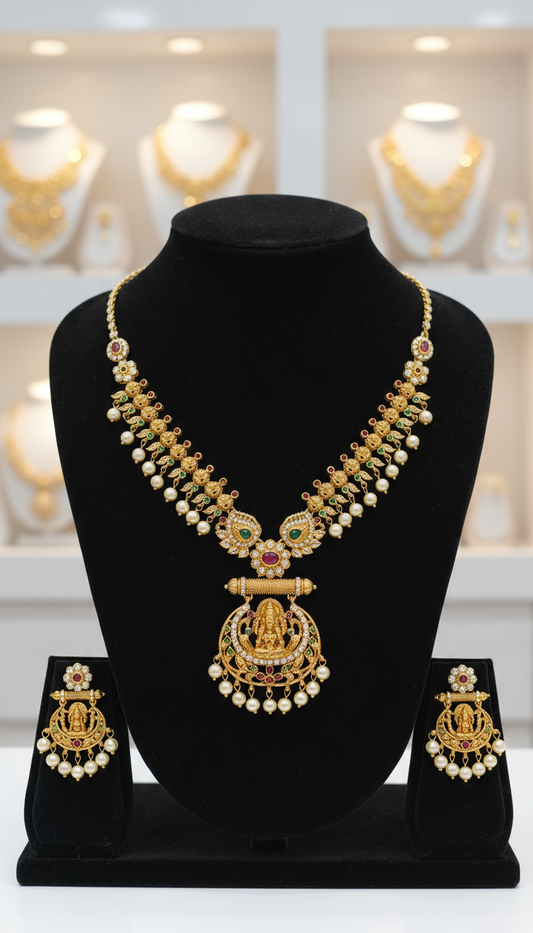 Exquisite Gold Temple Necklace Set with Lakshmi Motif and Pearls