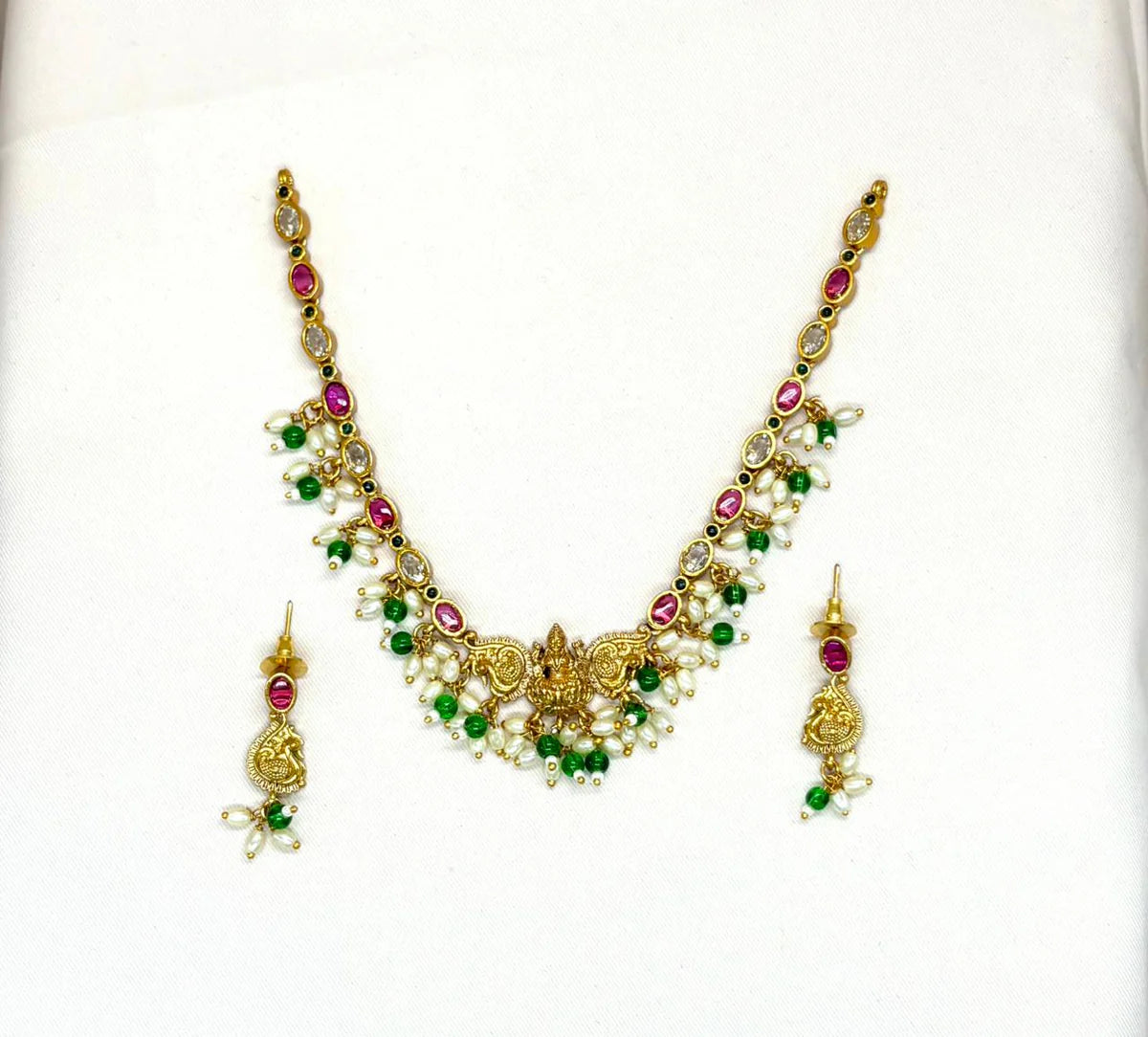 Matte finishing with Green Stones Lord Lakshmi Short Necklace