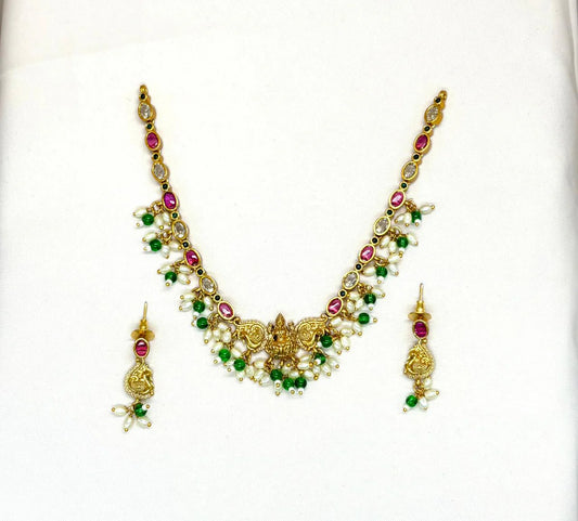 Matte finishing with Green Stones Lord Lakshmi Short Necklace