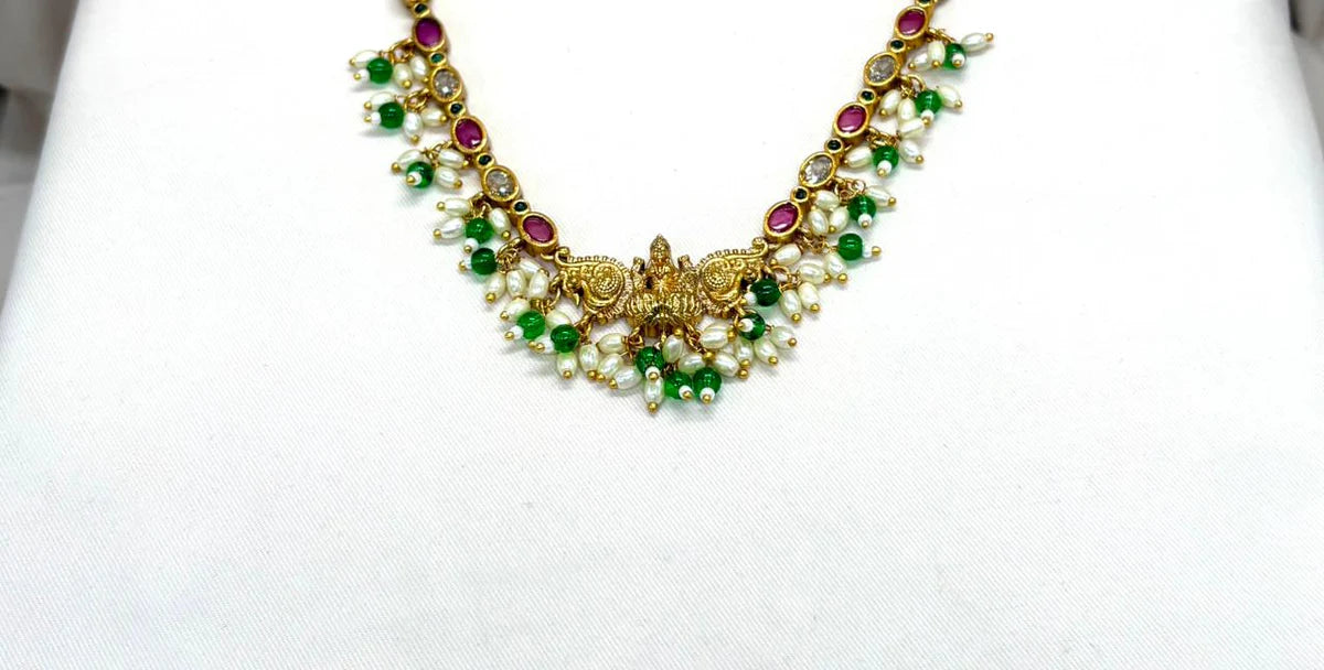 Matte finishing with Green Stones Lord Lakshmi Short Necklace
