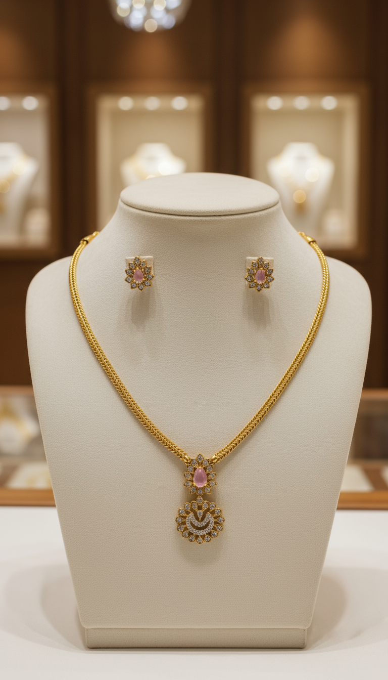 Elegant Gold Necklace Set with Rose Quartz and Diamond Accents