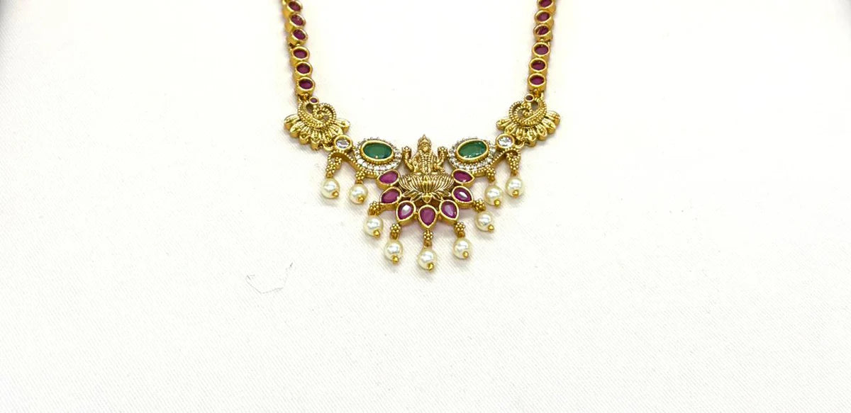 Matte finishing Pink Stones With Lord Lakshmi Short Necklace