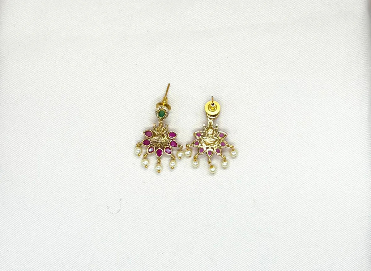 Matte finishing Pink Stones With Lord Lakshmi Short Necklace